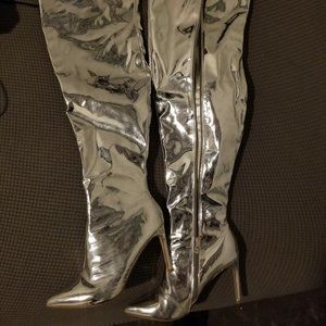 Thigh high shiny silver rave festival boots
